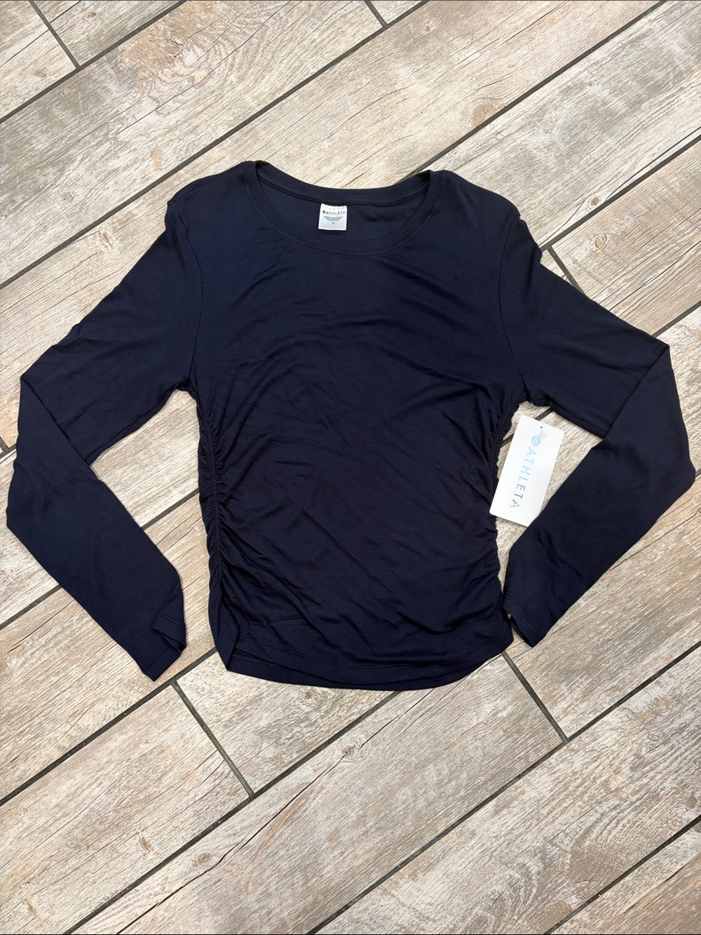 Athleta Navy With Ease Cinch Rib Top Long Sleeve Crew with Side Ruching Detail